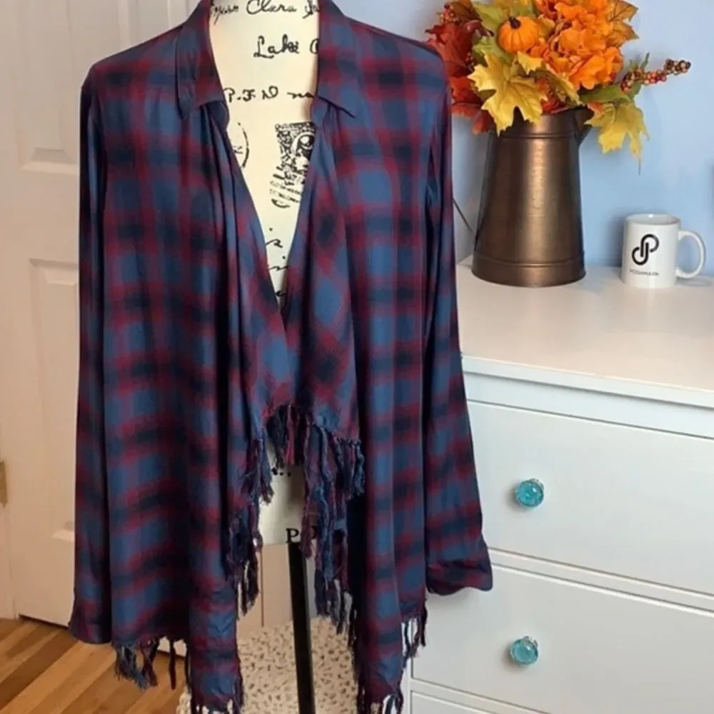 Willow & Clay Women's Blue And Red Plaid Open Cardigan Fringed Size S
